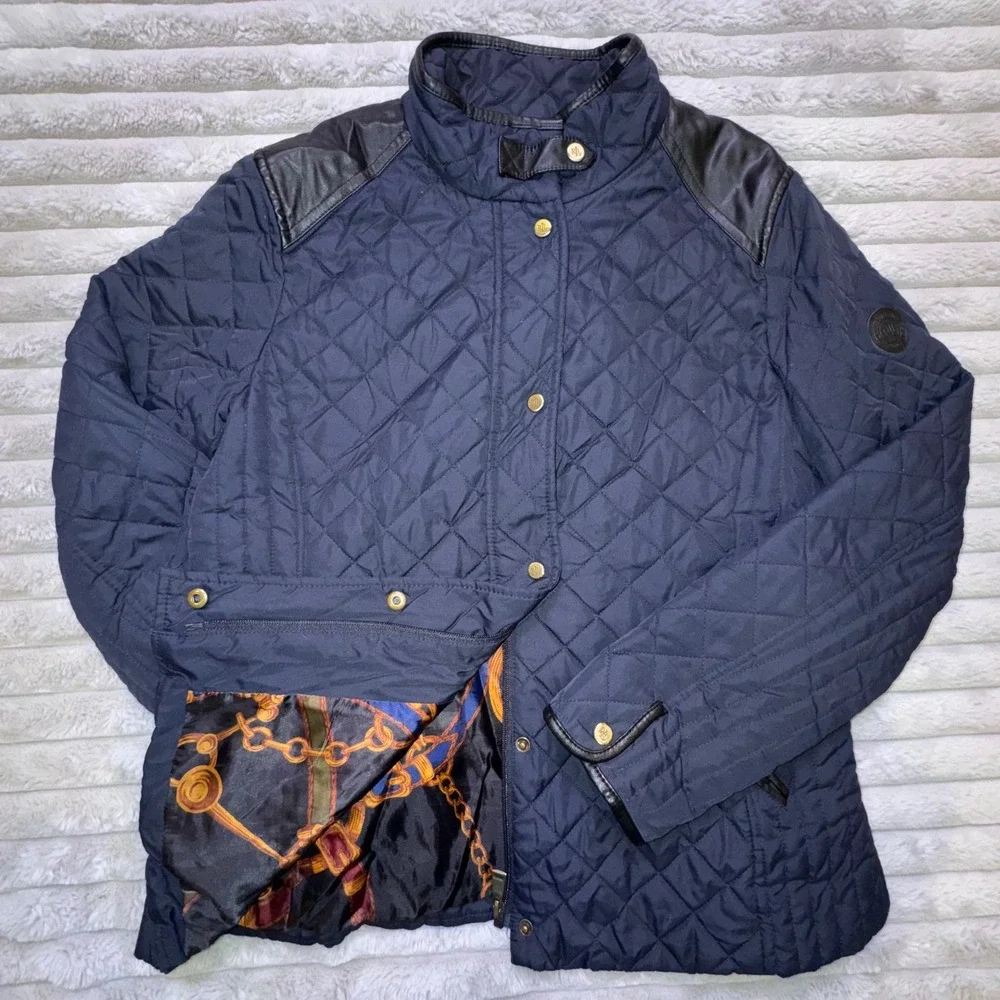 Ralph Lauren LRL Women L‎ Quilted Jacket Navy Barn Coat Equestrian Faux Leather